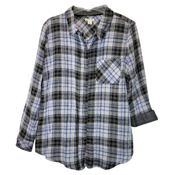 Westbound Tunic Shirt Plaid Button Down Top Long Roll Up Sleeve Black Blue L XL - Picture 1 of 12